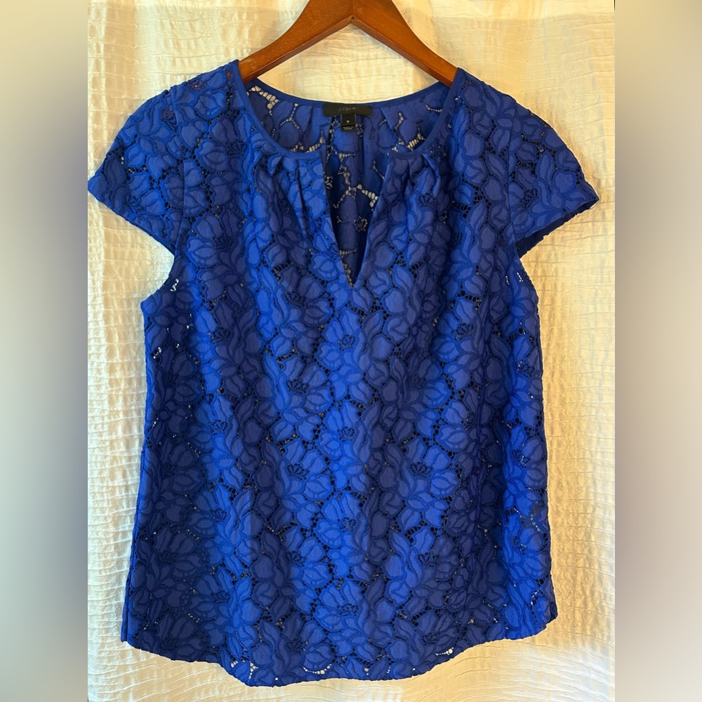 J. Crew Royal Blue Floral Lace Short Sleeve Blouse